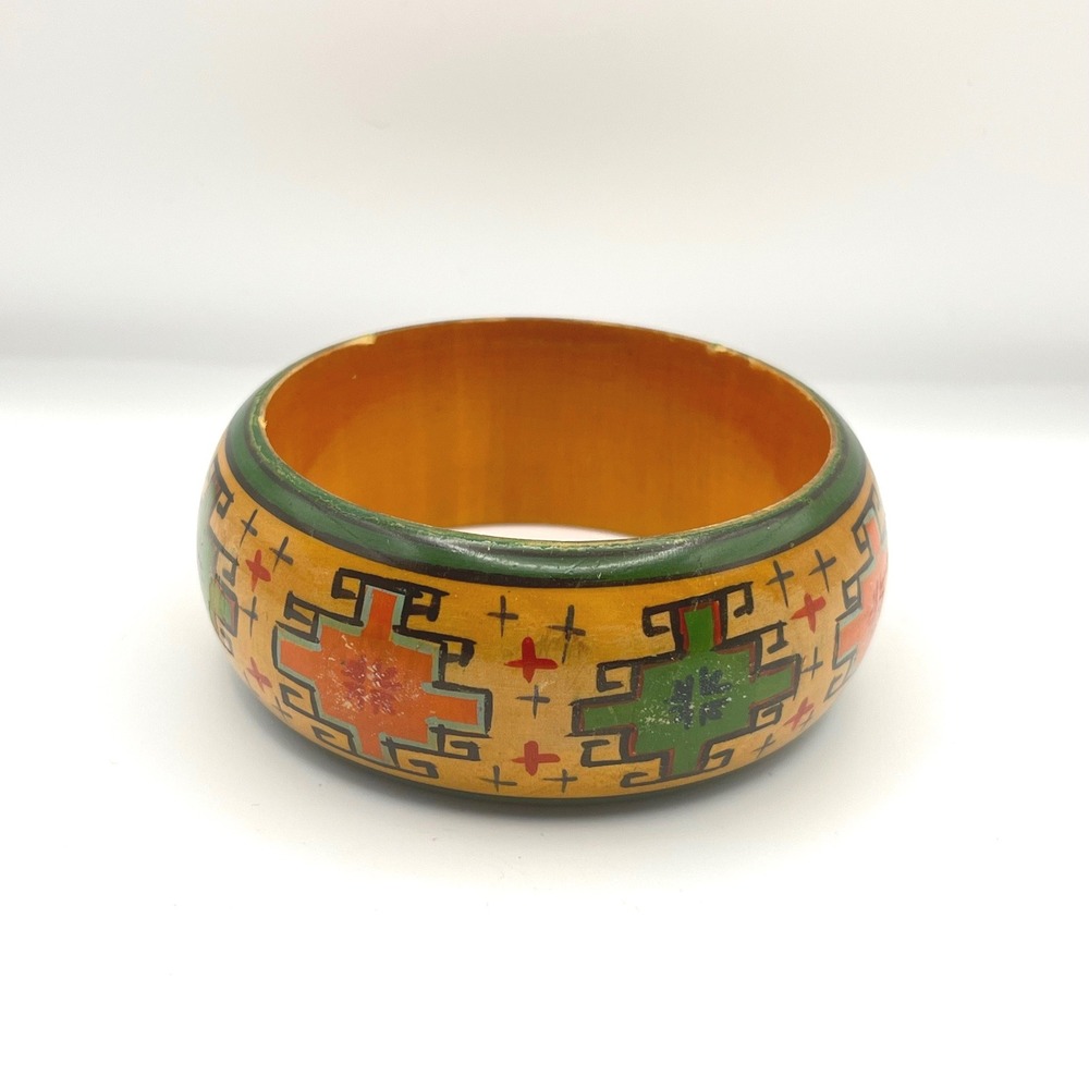 Vintage Southwestern Hand Painted Wooden Bangle Bracelet‎ Folk Art 8in